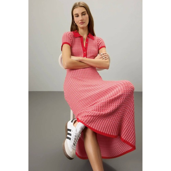 MAJE Kerringbone Knit Maxi Dress Red White Polo Collar Short Sleeve Sz 34 / 0 US